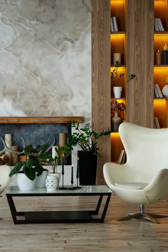 interior room design with armchair potted plants